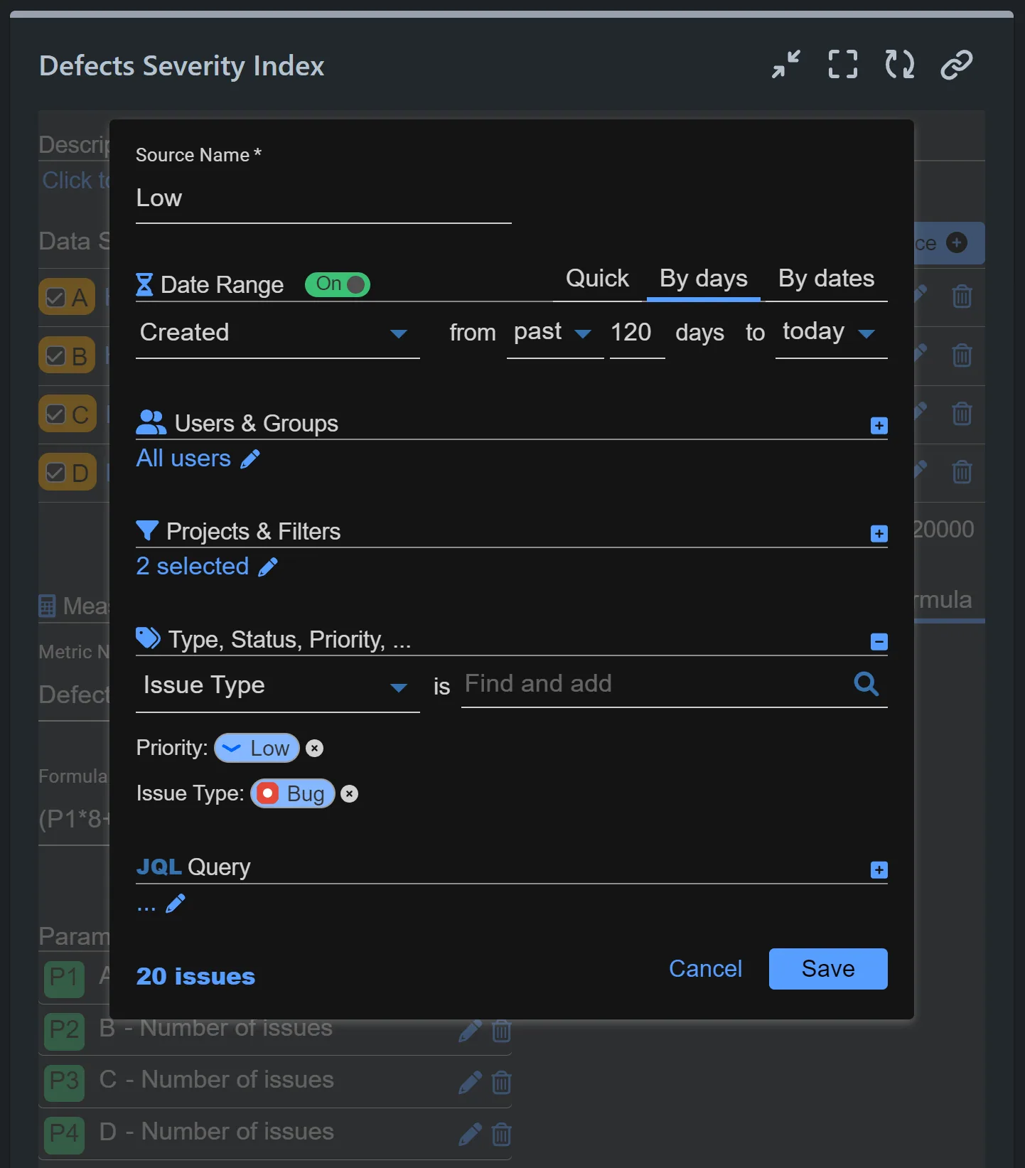 Defects Severity Index Data Source settings