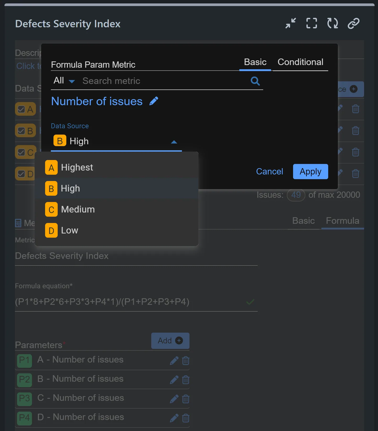 Defect Severity Index report settings