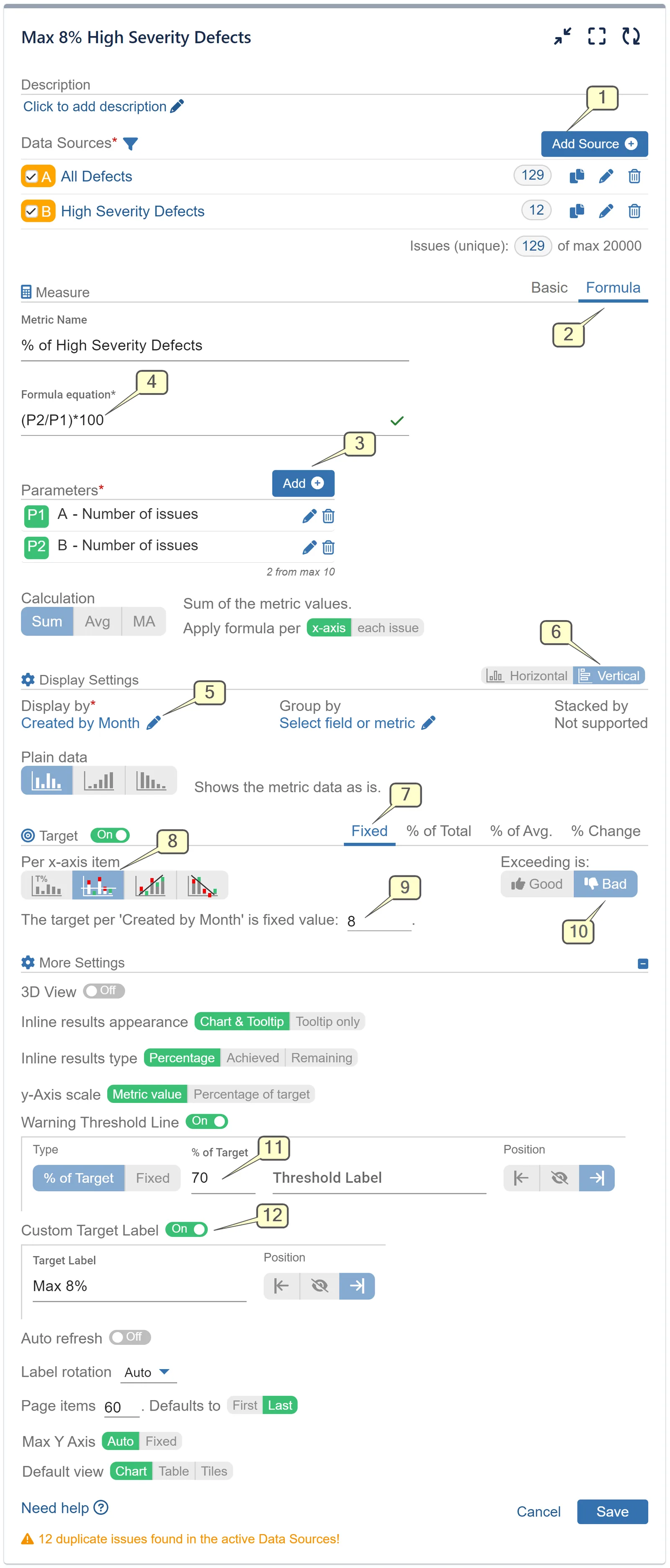 High Severity Defects report configuration screen