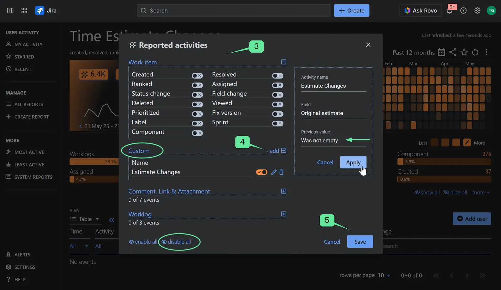 How to create custom event to track Jira Original Estimate History in User Activity Timeline app