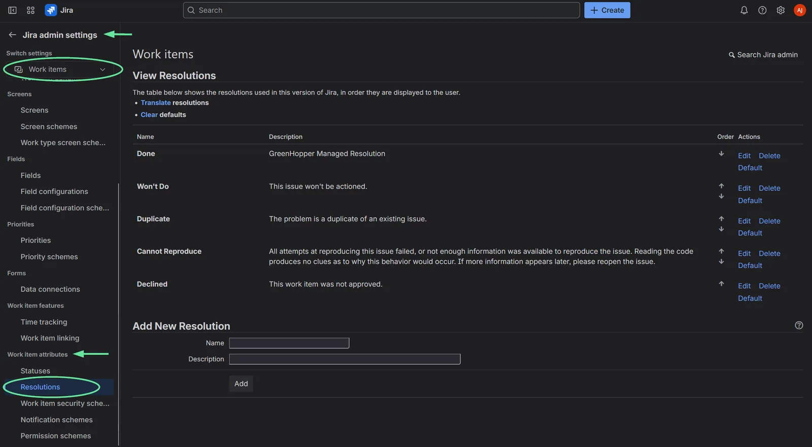 Resolutions in Jira