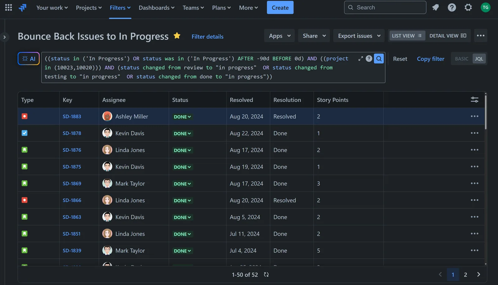 Filter settings for bounce back issues in Jira navigator