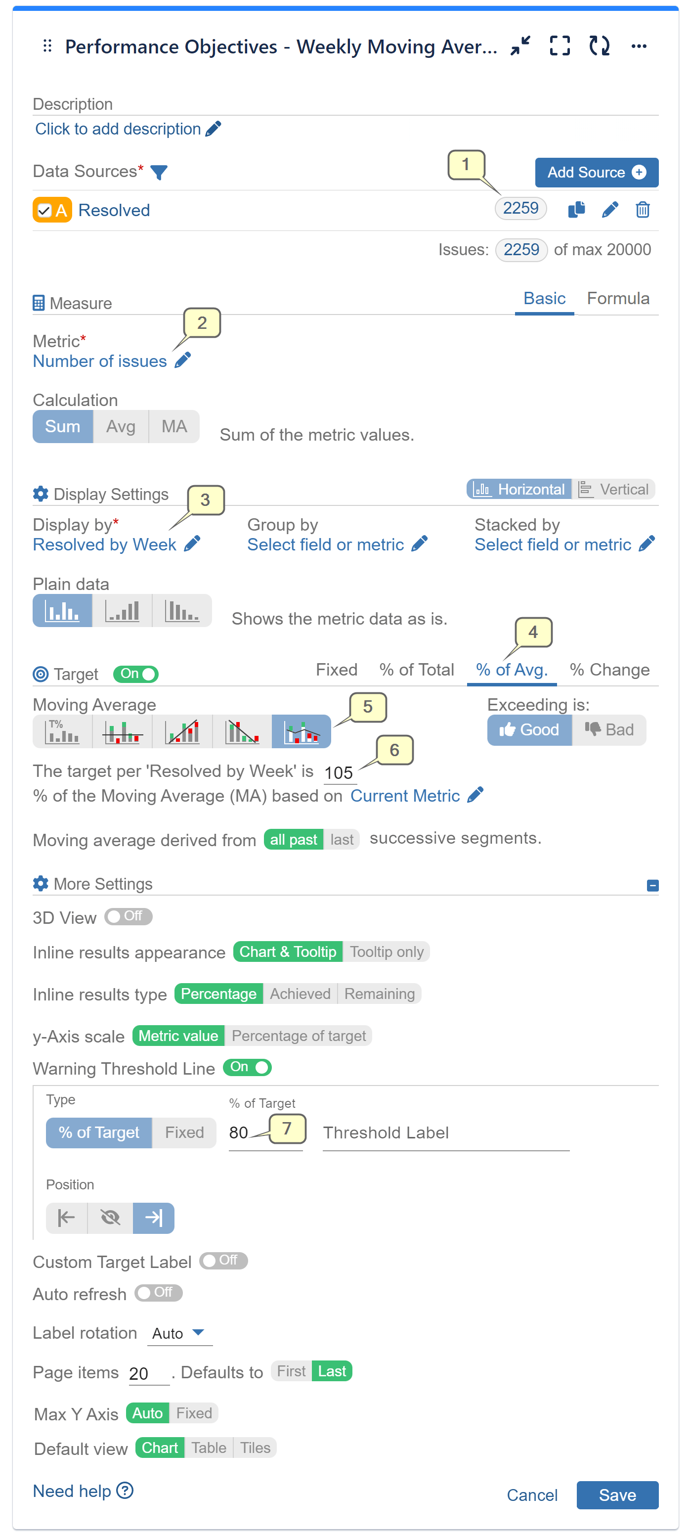 Weekly moving average report configuration screen