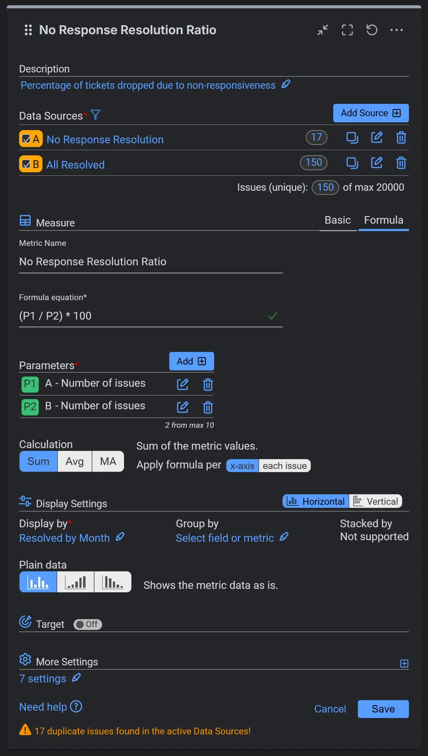 No Response Resolution Ratio report settings