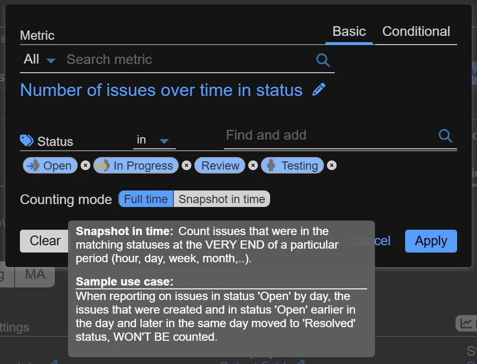 Number of issues over time in status metric