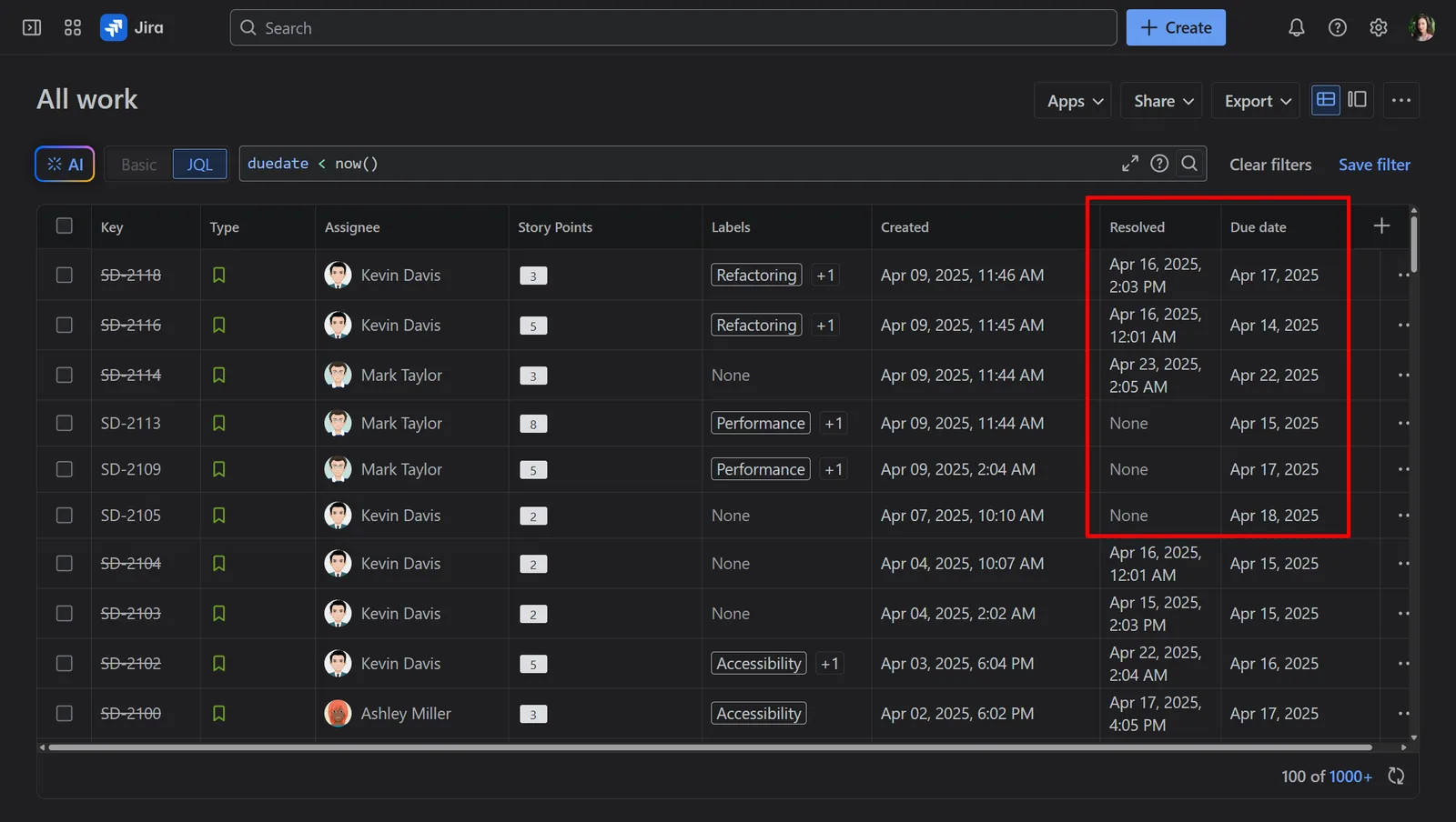 Jira Issue Navigator list with JQL for overdue issues