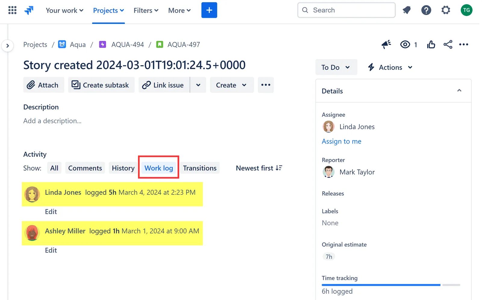 Jira worklog tab selection of an issue