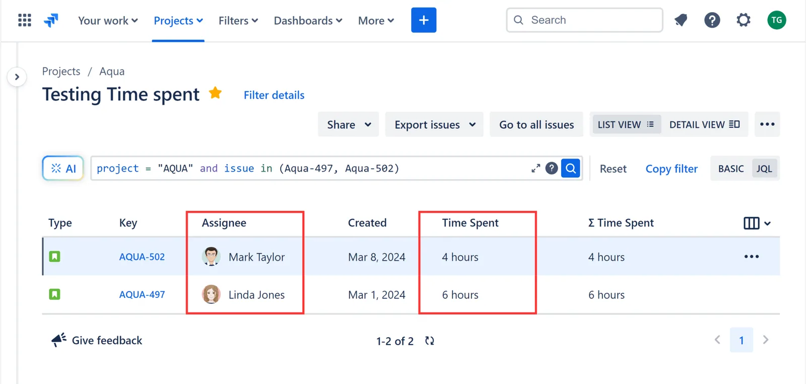 Jira JQL navigator showing list of users and their respective time spent