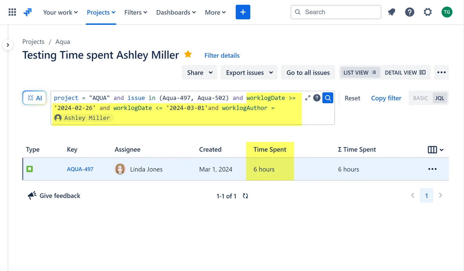 Total time spent shown in Jira issue navigator for an issue