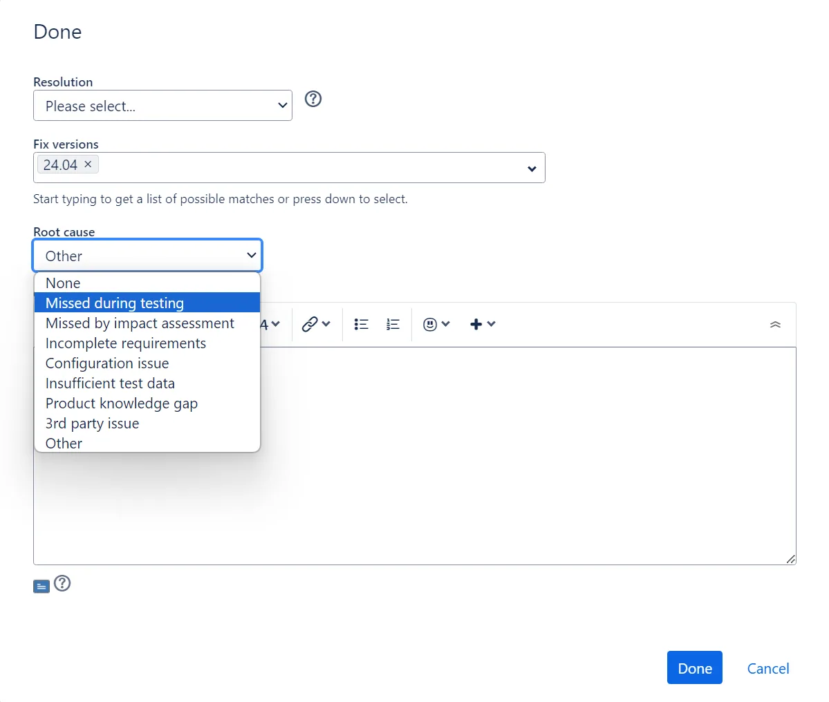 Settings for Root cause field in Jira