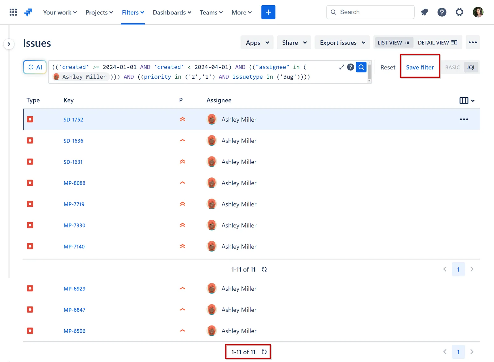 Jira Issue Navigator totals from a Saved filter
