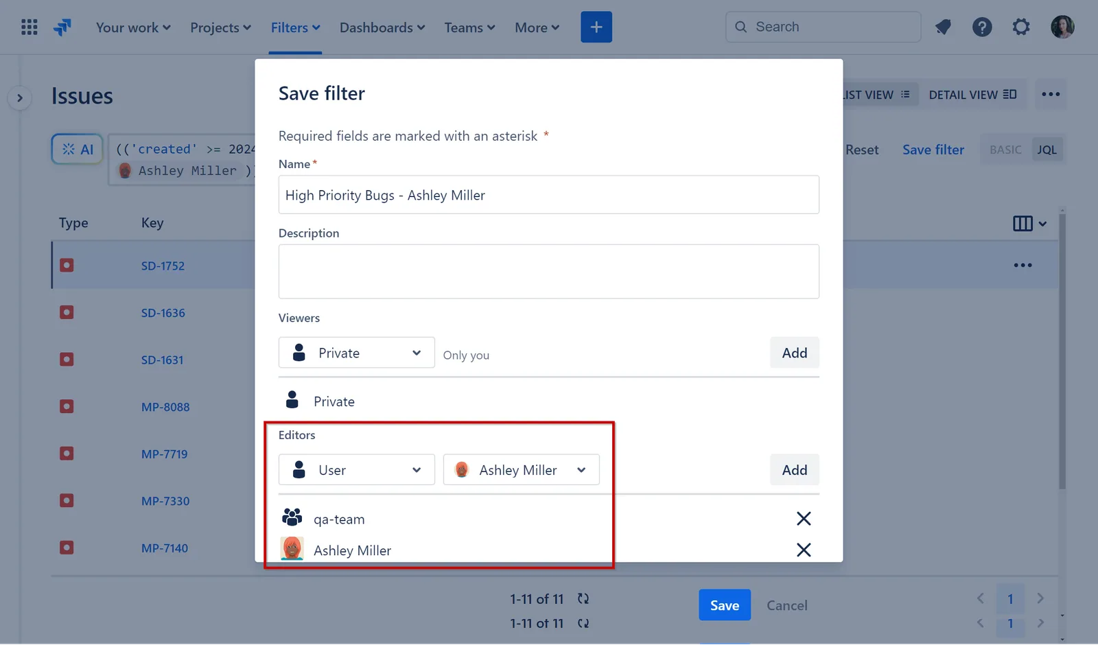Sharing settings for a Saved filters