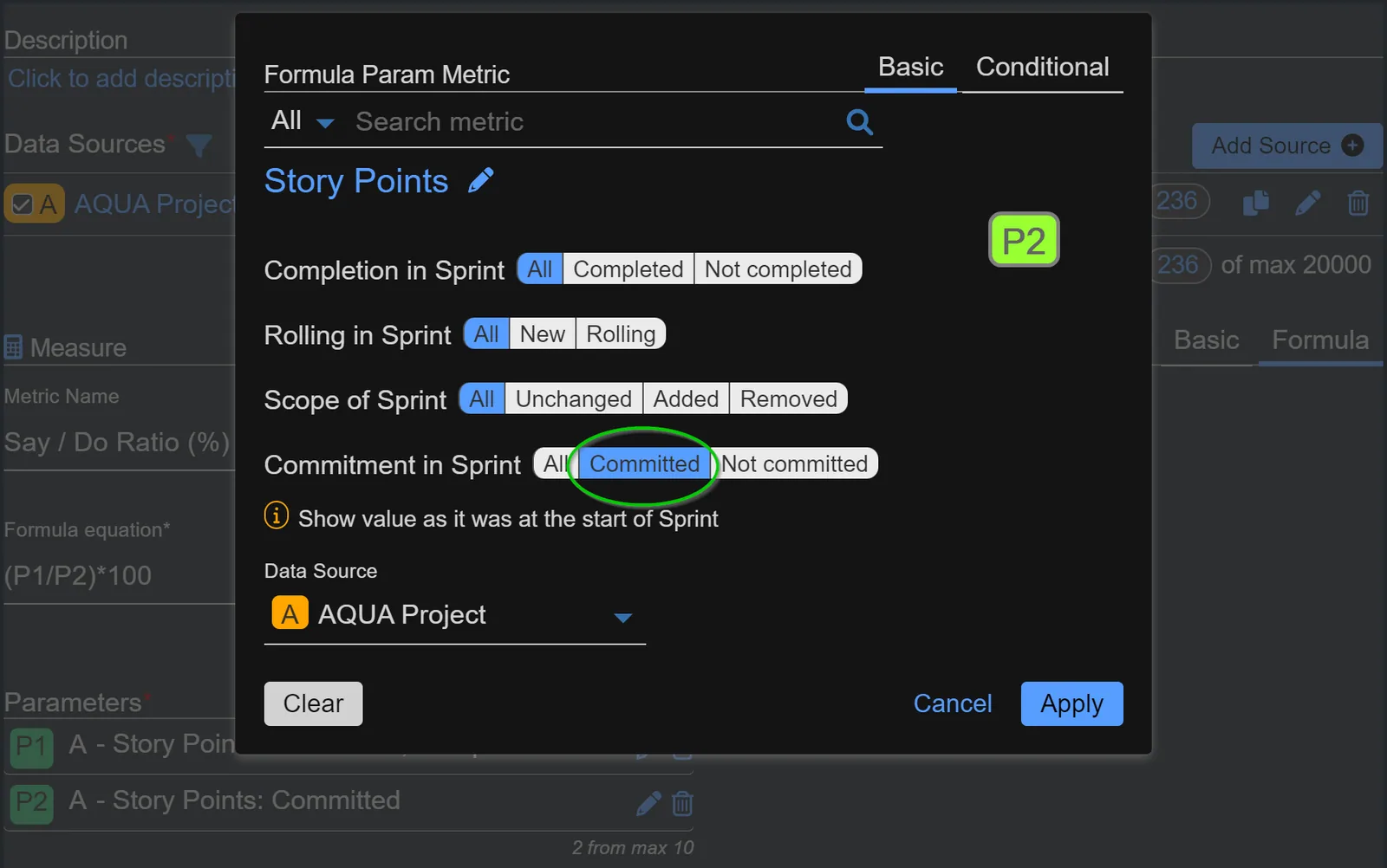 Formula metric settings for Parameter 2