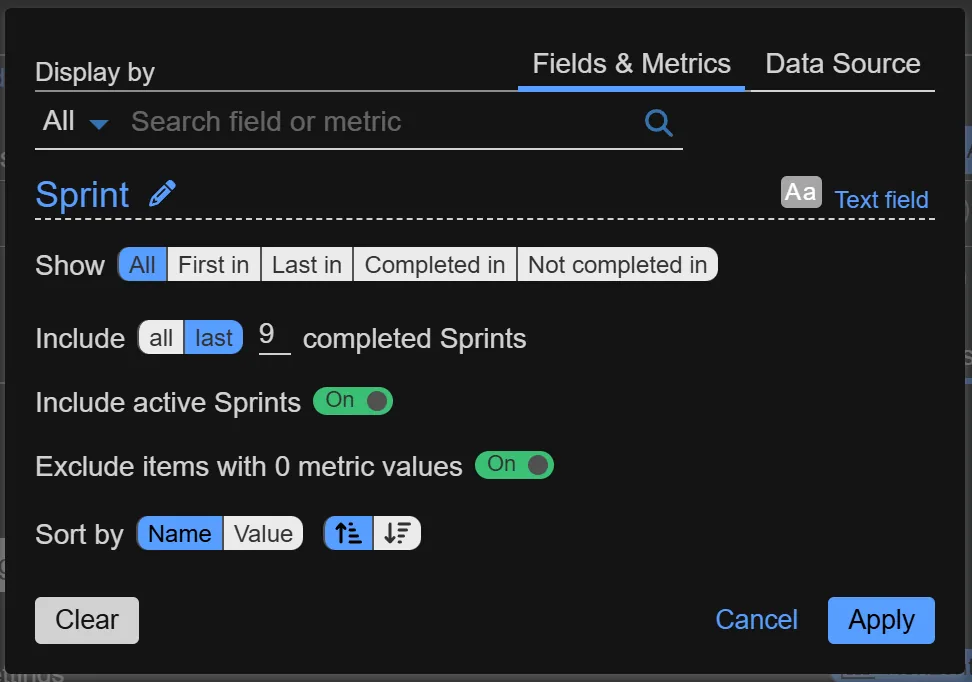 Sprint field filtering options