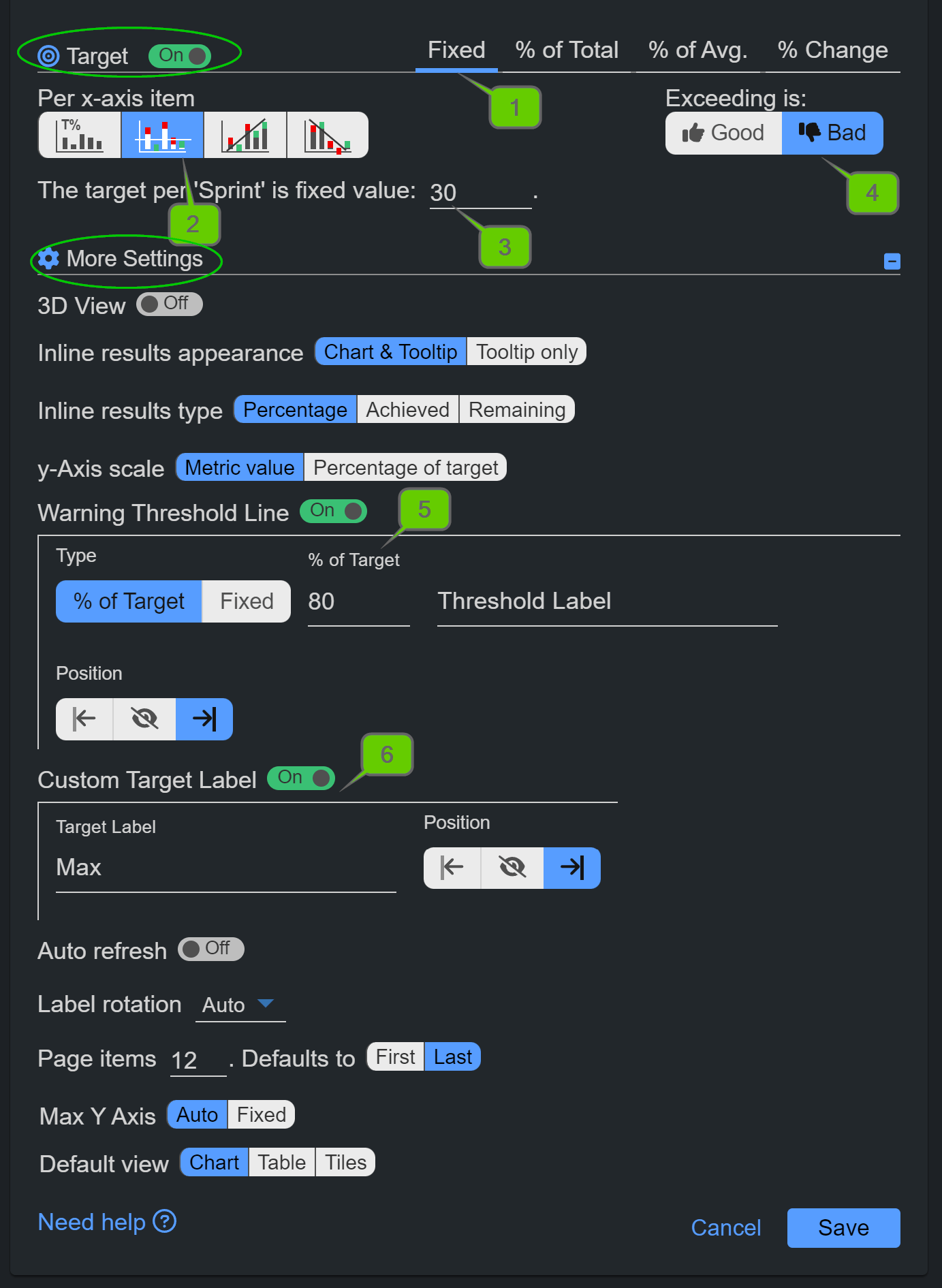Target settings for Rolling vs all report