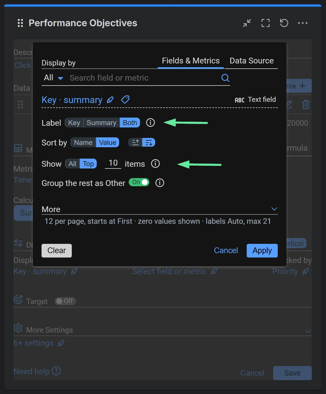 Display by settings: Key · summary sorted by value, Show set to Top 10, the rest grouped as Other