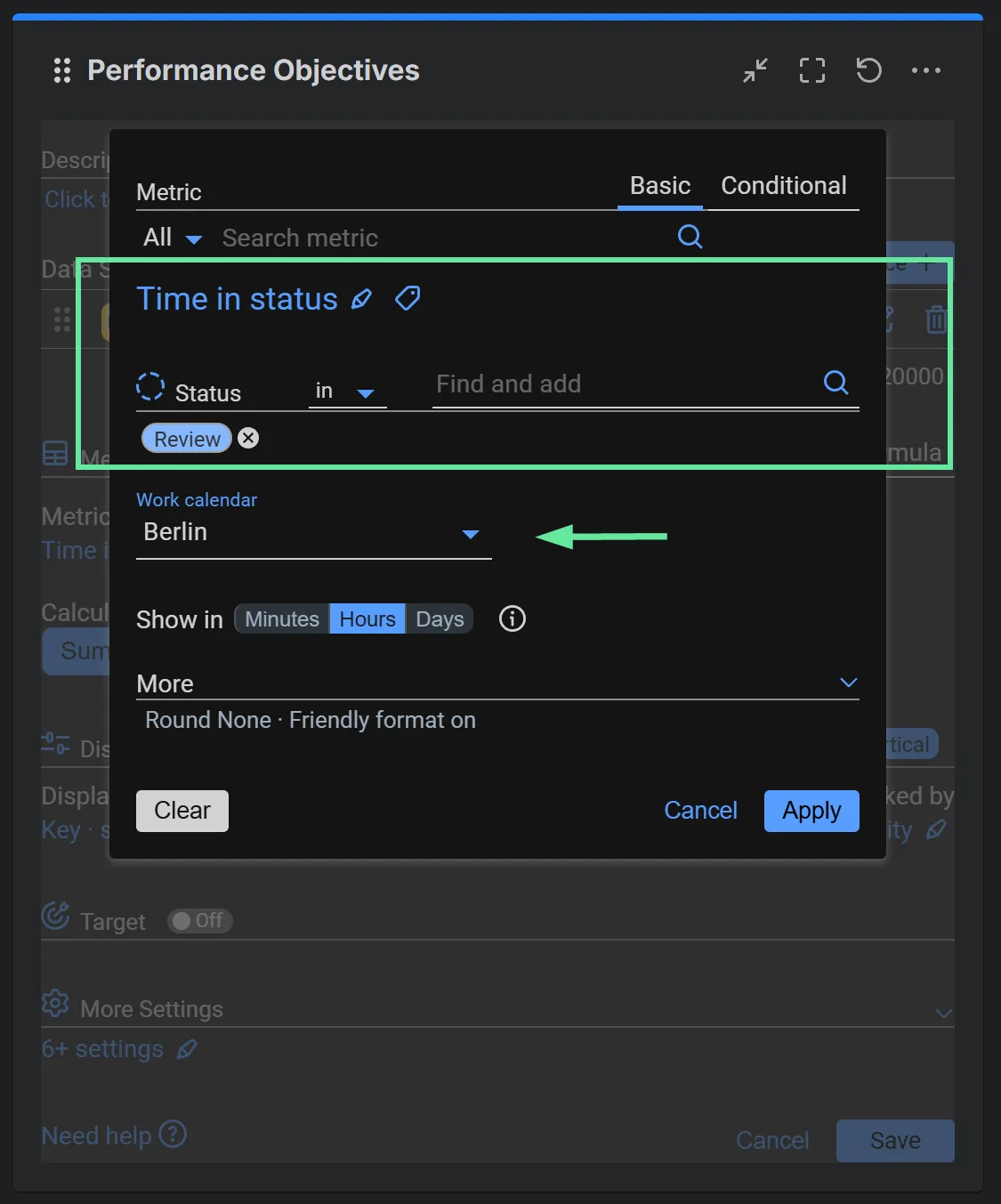 Metric settings: Time in status for the Review status, measured in hours on a team work calendar